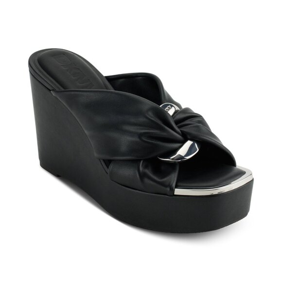 DKNY Women's Maryn Chain Twist Platform Wedge Sandals Black SIze 7.5M - Picture 1 of 1